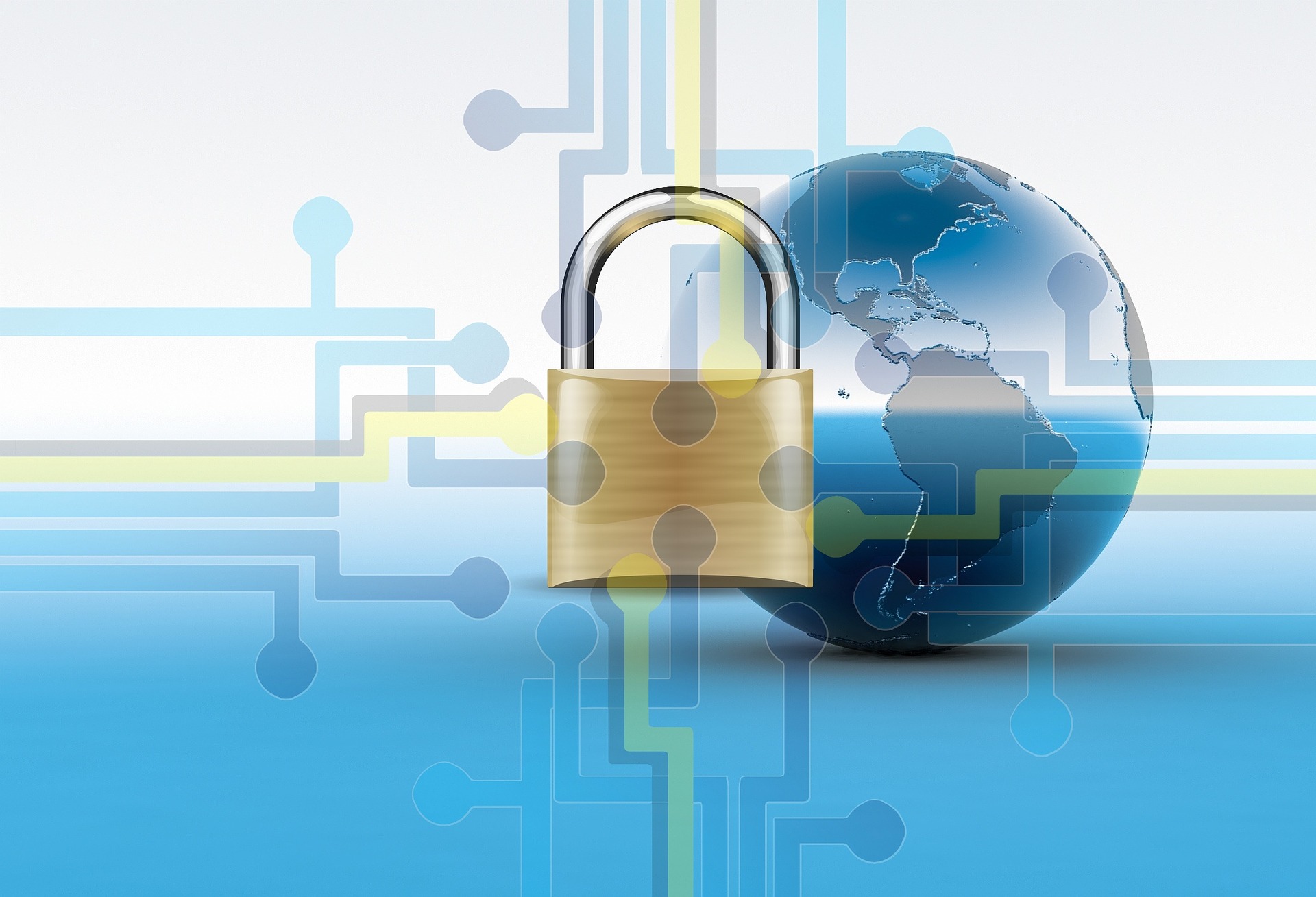 padlock with interconnected lines and a globe in the background