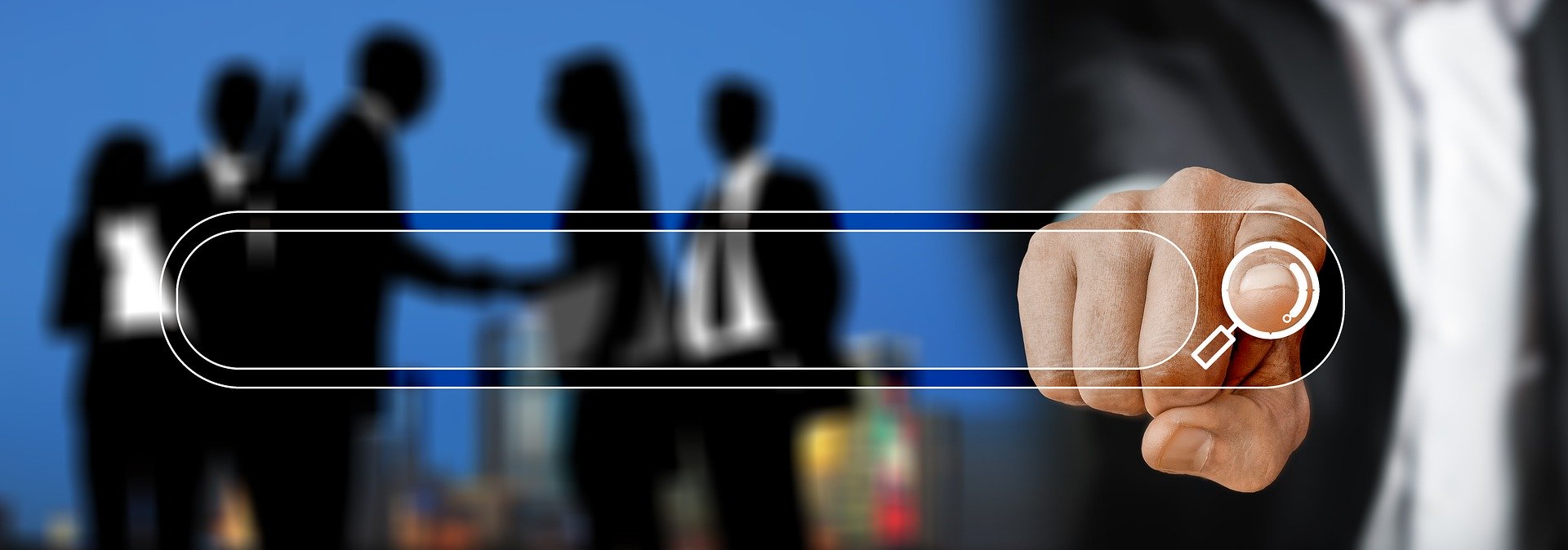 Blurred business people grouped together in the background, two of them shaking hands. Person pressing a search bar button as though it were on the camera