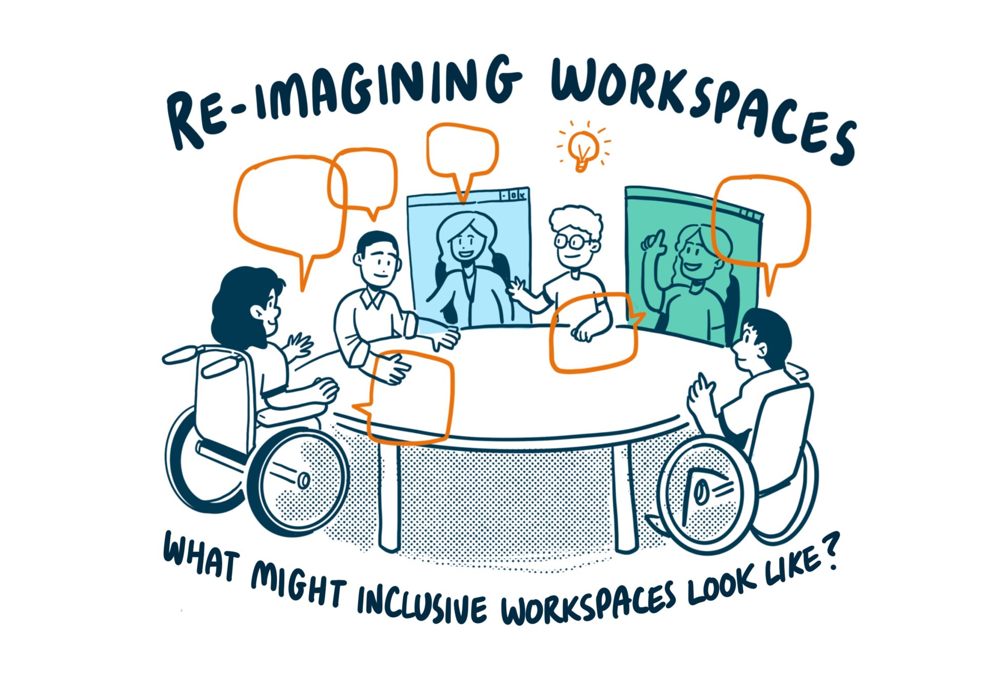 Cartoon image of people sitting around large desk engaged in discussion. Some use wheelchairs, others appear on screens. Above the desk are speech bubbles and lightbulbs.